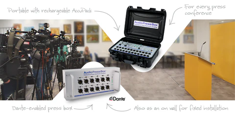 AudioPressBox highlights of 2020 - Press conference room setup — AudioPressBox press box prepared for media audio outputs