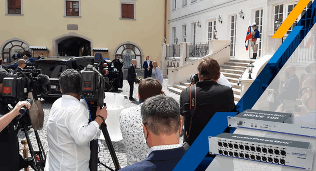 AudioPressBox in use during meetings — distributing audio to media and recording devices