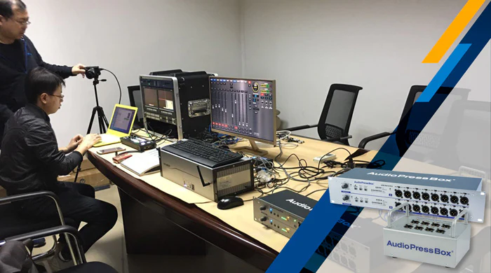 China - AudioPressBox DRIVE 100 connected to mixing console — live event audio distribution