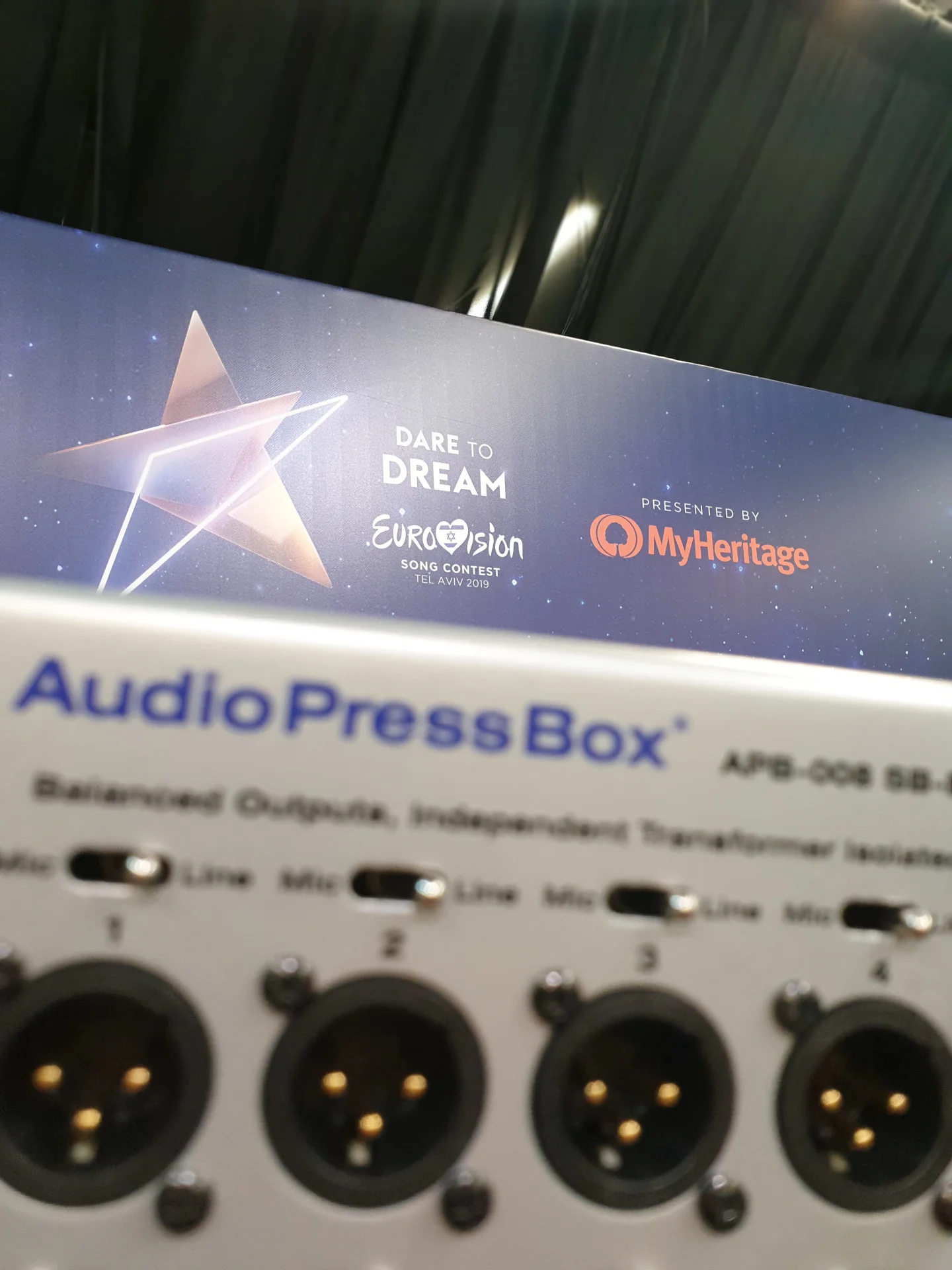Eurovision song contest - AudioPressBox APB-008 SB-EX with connected microphones and cables — on-site media setup