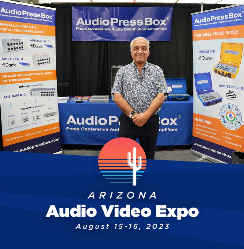 Expo Arizona 2023 - AudioPressBox trade show booth demonstration — visitors discussing press box audio distribution