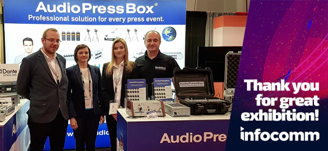InfoComm 2018 - AudioPressBox team at trade show booth — press boxes on display for media audio distribution