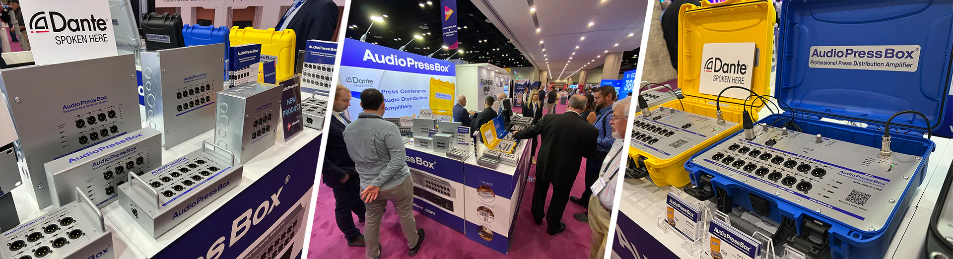 InfoComm 2024 - AudioPressBox trade show booth demonstration — visitors discussing press box audio distribution