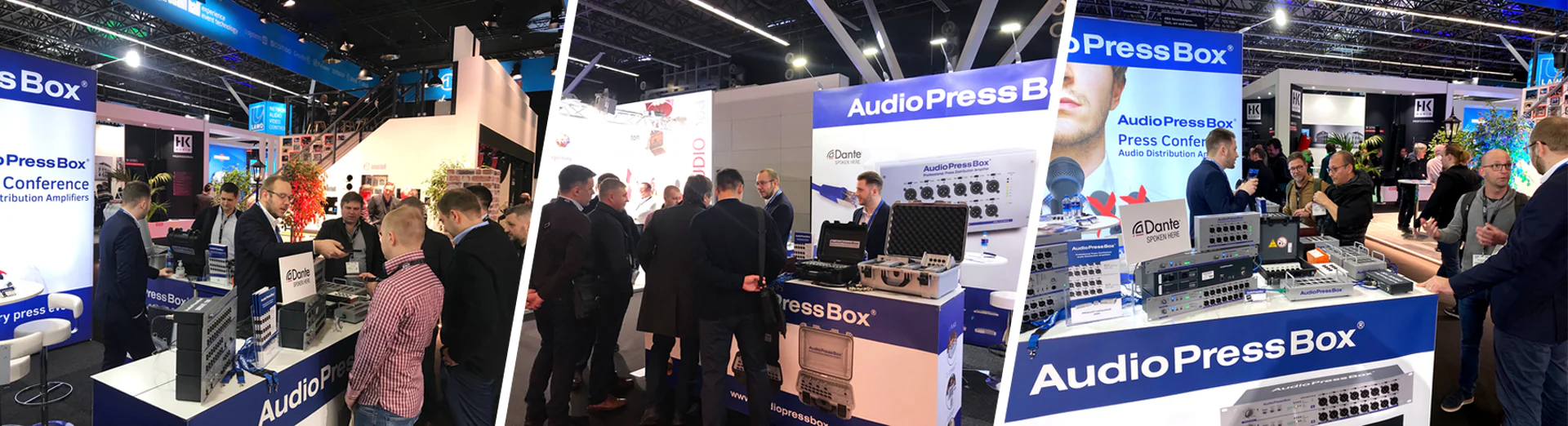 ISE 2022 - AudioPressBox presentation at a trade show booth with press boxes prepared for live demonstrations.