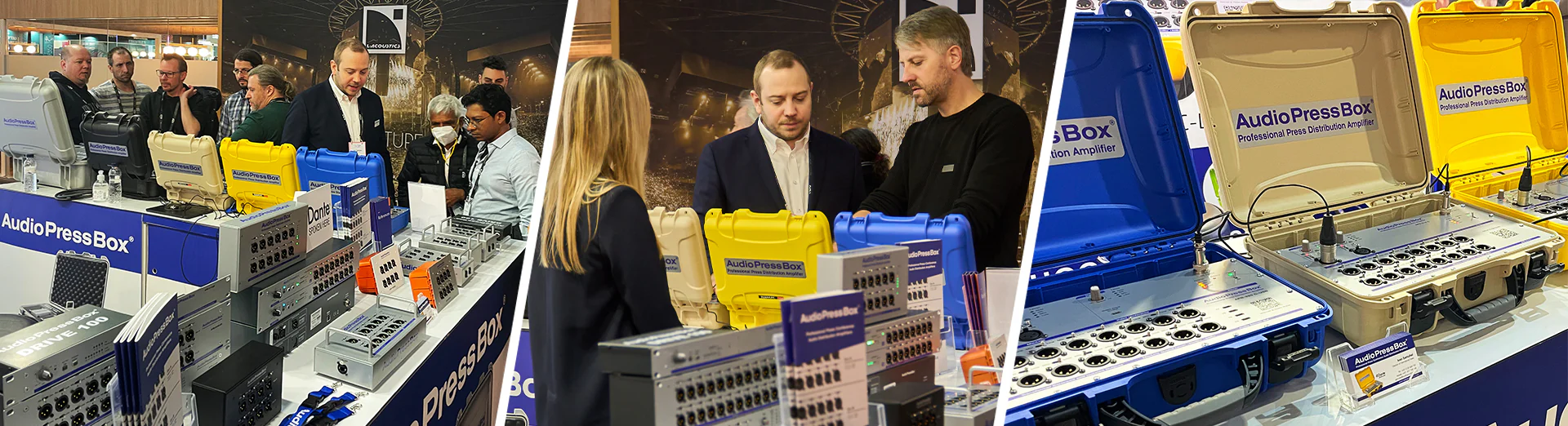 ISE 2024 - AudioPressBox trade show booth demonstration — visitors discussing press box audio distribution