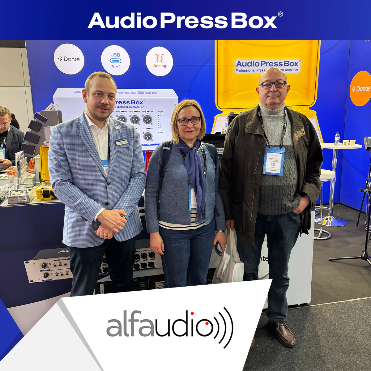 ISE 2025 - AudioPressBox trade show booth demonstration — visitors discussing press box audio distribution
