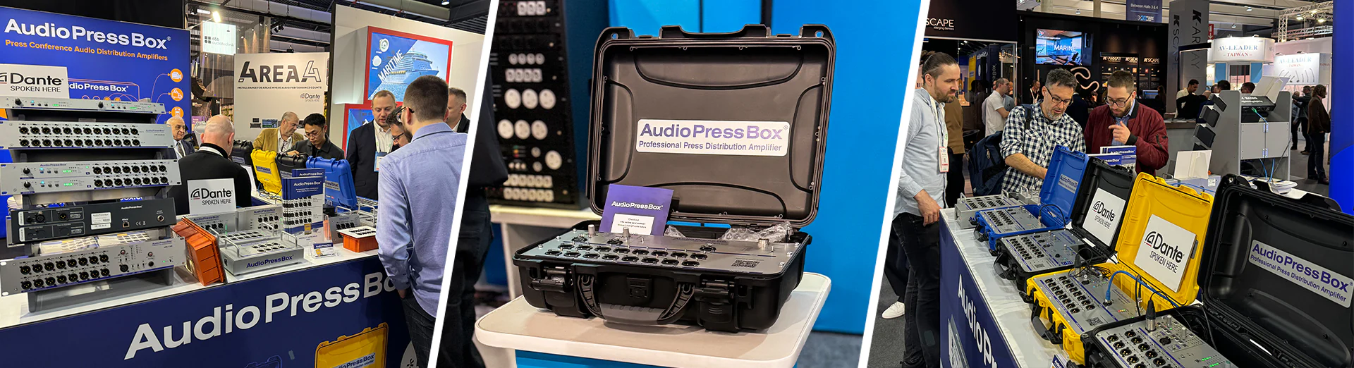 ISE - AudioPressBox trade show booth demonstration — visitors discussing press box audio distribution