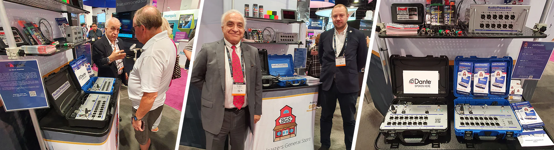 NAB 2024 - AudioPressBox trade show booth demonstration — visitors discussing press box audio distribution