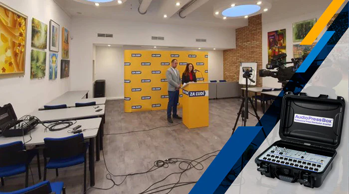 Political party press conference room setup — AudioPressBox APB224-C prepared for media audio outputs