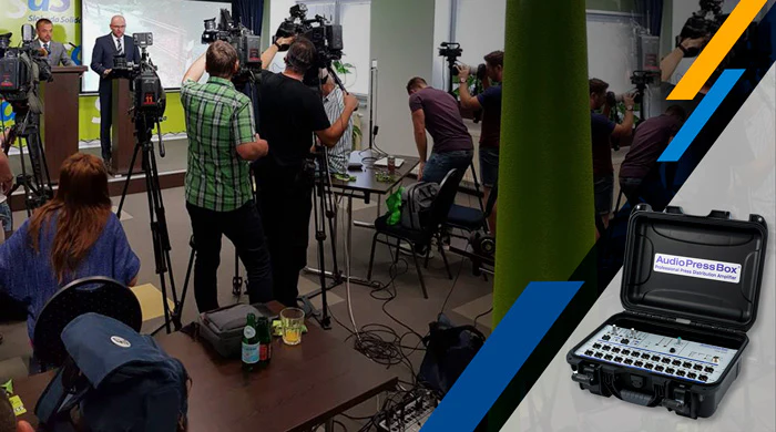 Political party press conference room setup — AudioPressBox APB224-C prepared for media audio outputs