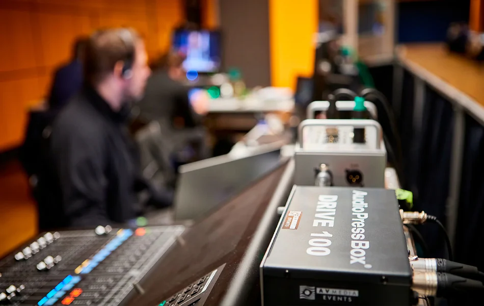 TAA Compliant Products for Public Sector - AudioPressBox press box with connected microphones and cables — on-site media setup