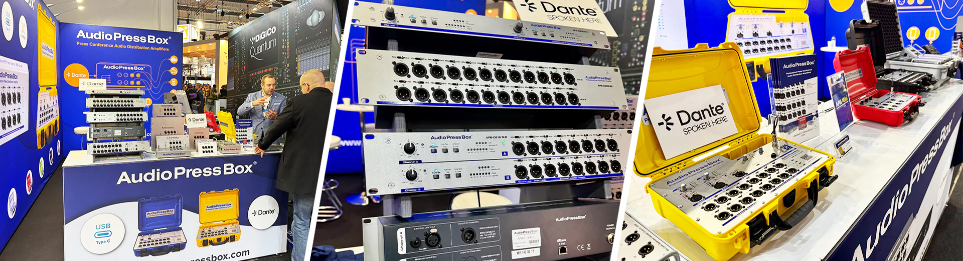 AudioPressBox at ISE 2026 - AudioPressBox trade show booth demonstration — visitors discussing press box audio distribution