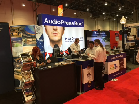 Infocomm 2016, Las Vegas- AudioPressBox presentation at a trade show booth with press boxes prepared for live demonstrations.