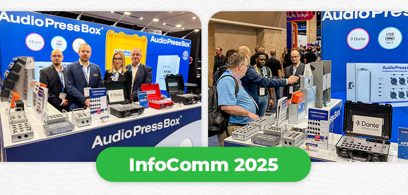 InfoComm 2025 - AudioPressBox trade show booth demonstration — visitors discussing press box audio distribution