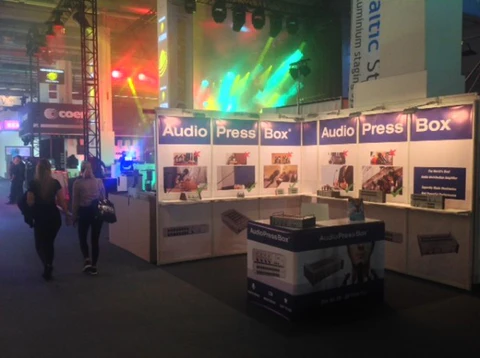Prolight+Sound 2014, Frankfurt - AudioPressBox trade show booth demonstration — visitors discussing press box audio distribution